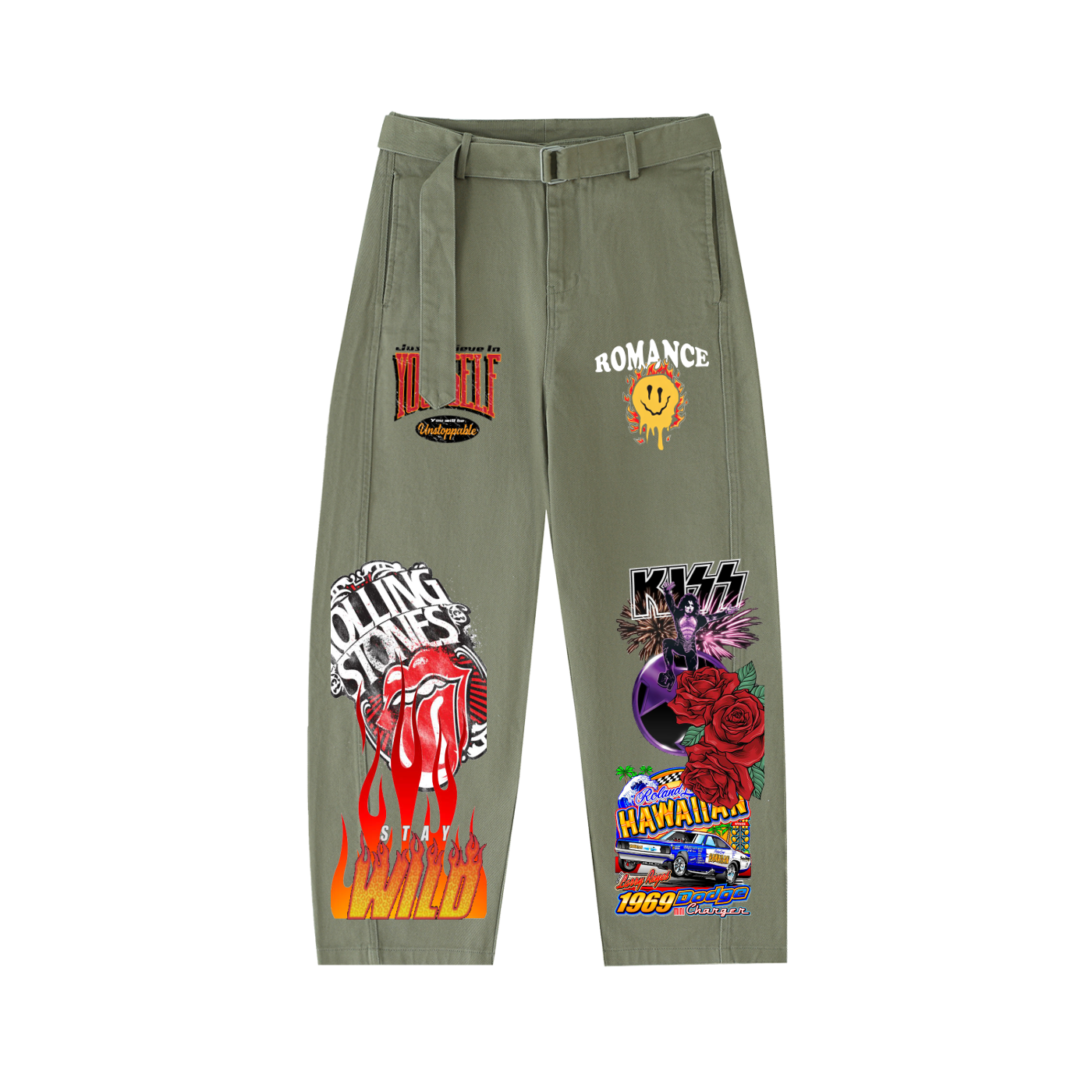 Twisted-Seam Belted Curved-Blade Pants