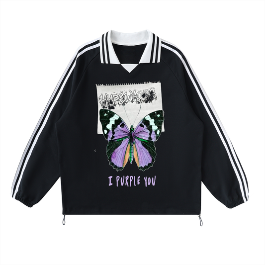 Contrast Striped Lapel Collar Sweatshirt